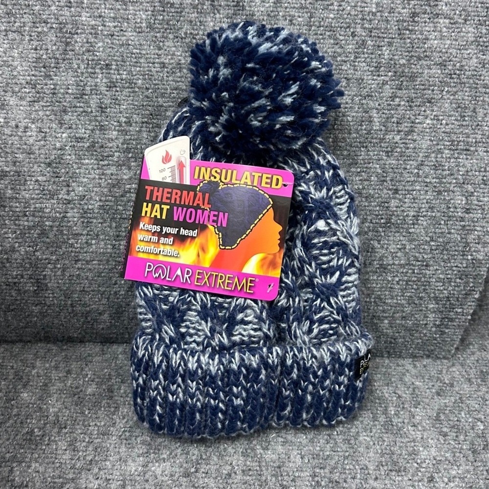 Polar Extreme Womens Thermal Insulated Beanie Pom Pom Knit Hat Navy Blue White